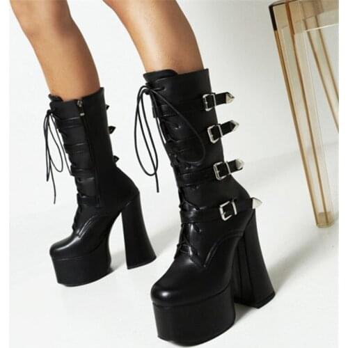 PXELENA Buckle Block Super High Heel 15CM Combat Motorcycle Biker Mid Calf Boots Women Punk Rock Gothic Cosplay Shoes Size 35-46