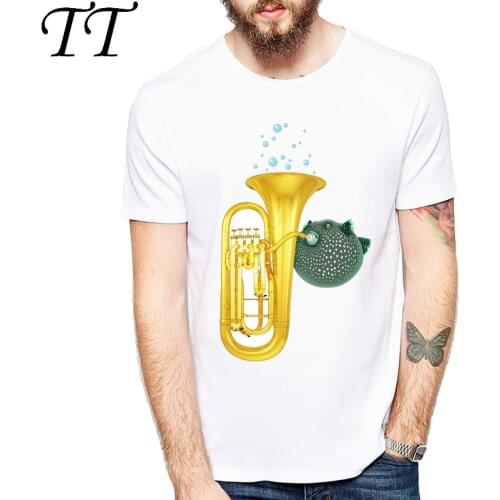 Puffer Fish Playing Tuba Printed T-shirts Men Round Neck Tops Tees Casual Mens Clothing Summer Style T shirts Funny