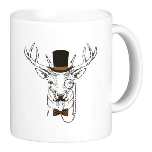 British Style Gentle Beard Deer With Glass Hat Bow Animal Classic Mug White Pottery Ceramic Cup Milk Coffee With Handles 350 ml