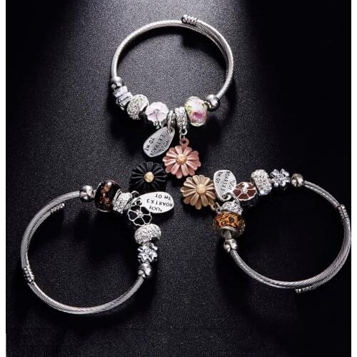 Fashion Cuff Punk Stainless Steel Chain Charm Bracelets for Women Crystal Bead Letter Flower Bracelet Bangle Wristband 2021