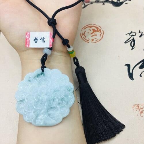Natural Burmese Emerald Jade Carved Peacock Pendant with Hand-knitted Tassel Necklace Mens Womens Sweater Chain