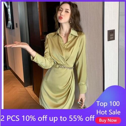 2021 Autumn Satin Fashion Dress With Belt Long Sleeve Midi Shirt Dresses