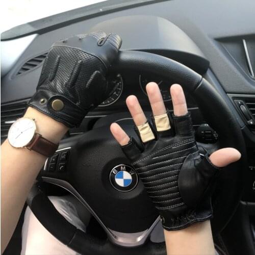 Motorcycle Driving Leather Gloves Men Half Finger Locomotive Sheepskin Gloves Retro Wear-resistant Non-slip Patchwork AGD026