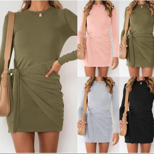 Autumn Women Dress Long Sleeve Solid Color Casual Elegant Fashion Hot INS Beach Style Round Neck Female Vestido Sundress C2753