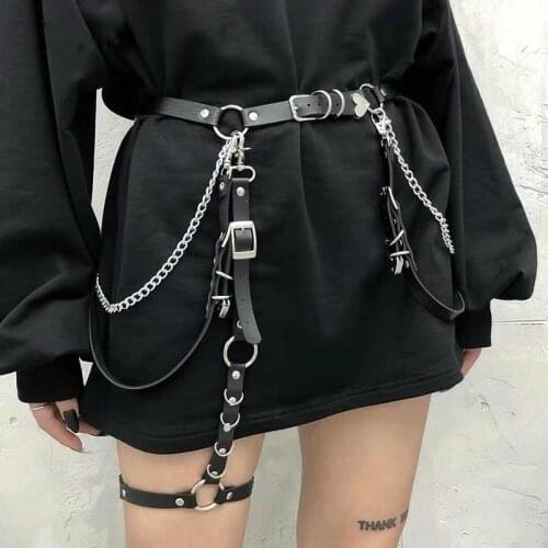 Sexy Women Skirt Belt Female Pu Leather Hiphop Rock Nightclub Sexy Jeans Dress Heart Punk Belt With Metal Waist Chain
