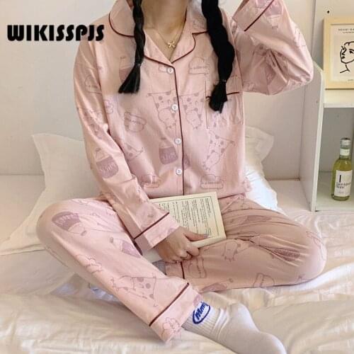 WIKISSPJS Spring Autumn Korean Leisure Cartoon Long Sleeved Trousers Home Clothes Two-piece Suit Pajamas Women Loungewear Pjs