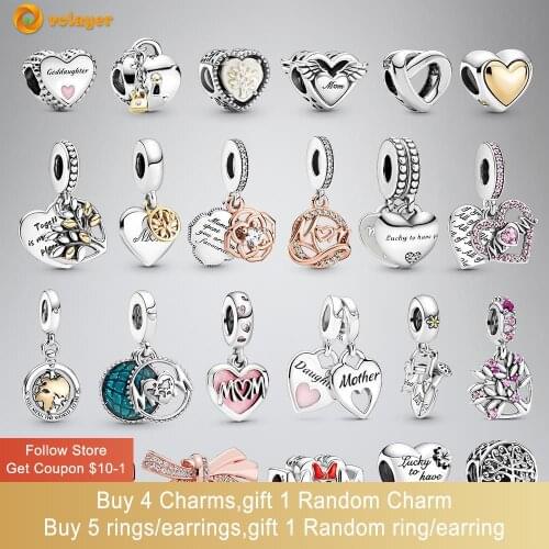 Volayer 925 Sterling Silver Beads Family Mum Love Heart Mother charms fit Original Pandora Bracelets Women Jewelry Mother Gift