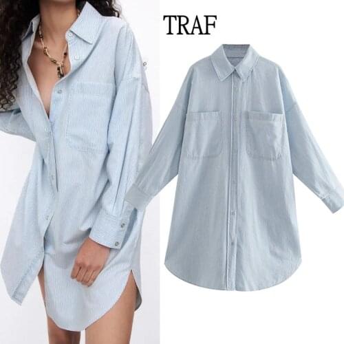 TRAF Za Womens Oversize Shirt Fashion Stripes Buttons Long Shirt Woman Blouses Long Sleeve Top Loose Plus Size Womens Clothing