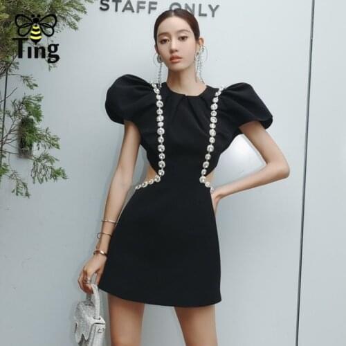 Tingfly Sexy Hollow Out Dress For Women O Neck Puff Short Sleeve High Waist Patchwork Diamond Mini Dresses Female Black New Robe