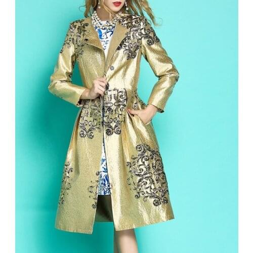 2019 Spring Fall Fashion Korean Women Dobby Floral Golden Long Coat , High Waisted Pleated 5xl Trench Coats for Woman