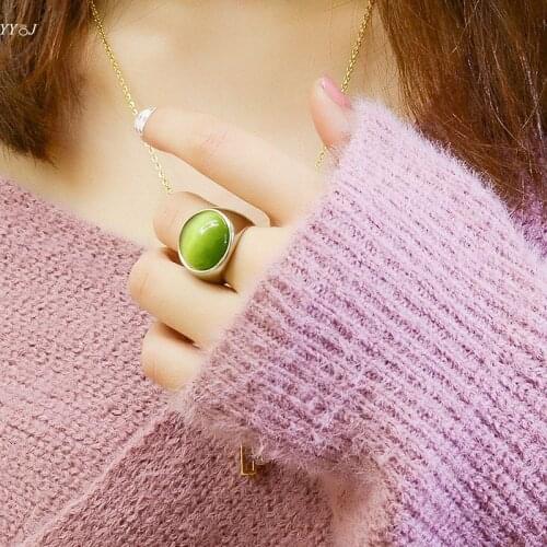 Green white black cat eye chunky ring for women stainless steel big stone statement cocktail ring rose gold hyperbole cool