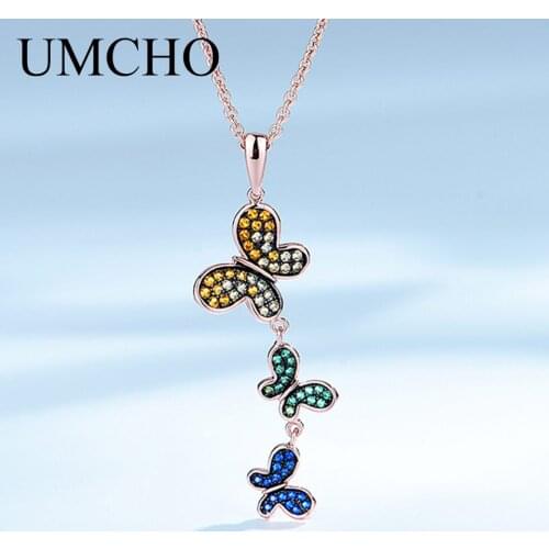 UMCHO Colorful Butterfly Silver Necklace Pendants Solid 925 Sterling Siver Necklace For Women Gift With Chain Fine Jewelry
