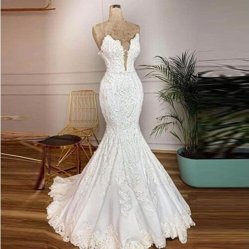 Sexy Deep V-Neck Mermaid Wedding Dresses 2020 Zipper Back Long White Lace Bridal Wedding Party Gowns vestidos de novia