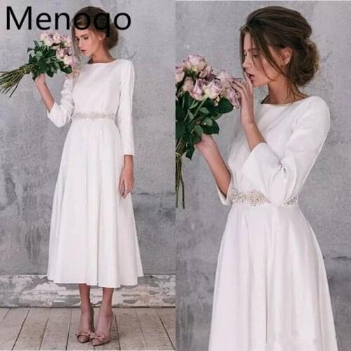 Elegant Prom Dresses Full Sleeve Tea Length Evening Dresses a Line Satin Beading Vestido De Fiesta De Novia Formal Custom Dress