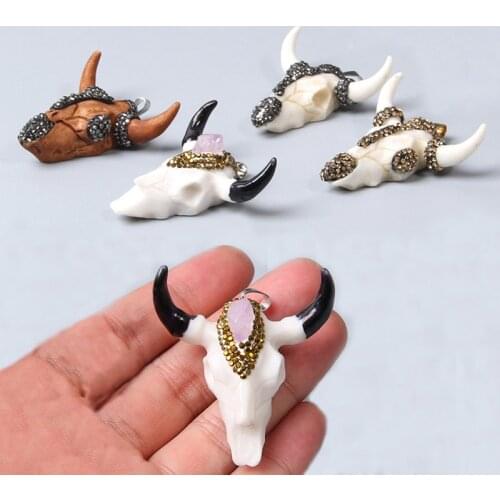 1pc white Bone CZ Quartz bead Cow Bull Ox Head Skull Charms Pendants For necklace Jewelry making Accessories Findings men gifts