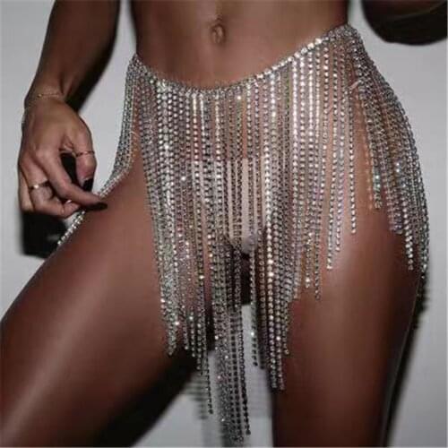 2020 shining Rhinestone Crystal sexy tassel mini skirt covering bikini hollow out handmade nightclub beach mini skirt for women