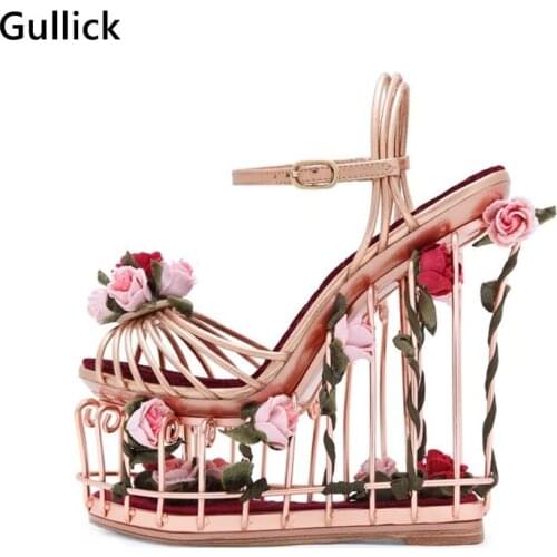 Custome Made Retro Caged Style Platform Sandals Metal Striped Ankle Strap Wedge Sandal for Woman Cutouts Heels Flower Sandal