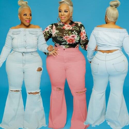 Plus Size Jeans for Women 4xl 5xl High Waist Skinny Blue Denim Pants Elastic Flare Pant Boyfriend Flared Ripped Hole Trousers