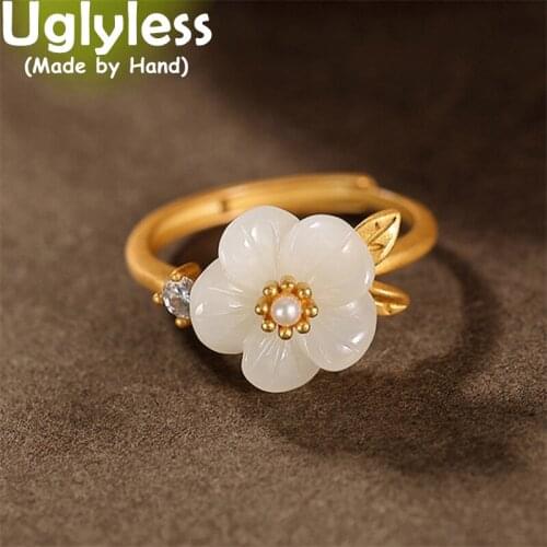 Uglyless Gold Plated Real 925 Sterling Silver Floral Rings for Women Natural Agate Flower Open Rings Pearls Fine Jewelry R1008