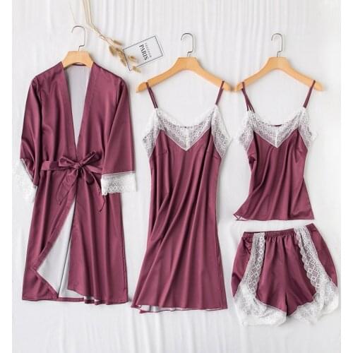 Nightgown Sets Womens 4pcs Robe Suit Spring Sleepwear Wear Sexy Strap Nightwear Lace Sleep Kimono Bath Gown Homewear