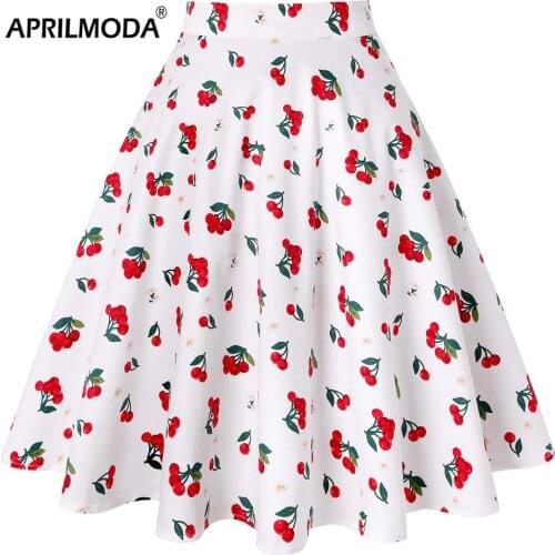 White Red Cherry Printed Short School Skater Skirt Summer Style Retro Vintage Pinup Big Swing Plus Size 50s 60s Skirts For Party