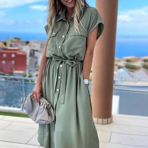 Summer Dress Women Dresses Casual Midi Dress Single-breasted Belt Solid Color Short Sleeve Pockets Dress with Belt Plus Size