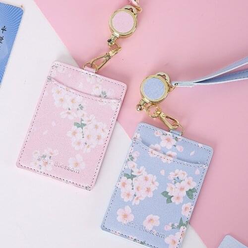 Cute FlowersPU Leather Bus ID Credit Card Holder Case Portable Badge Retractable Neck Strap Lanyard