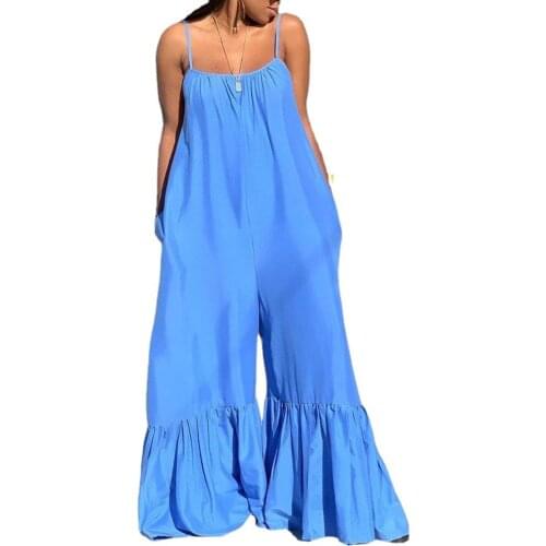 Fashion Plus Size Loose Women Jumpsuits Summer Wear Spaghetti Neck Sleeveless Ruffles Bottom Bell Long Pants Casual Rompers