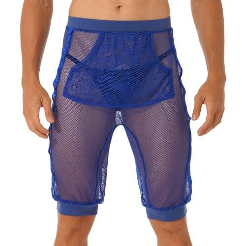 Mens See-through Mesh Elastic Waistband Short Hollow Out Fishnet Shorts Pants with Front Pocket for Nightclub Stage Performance