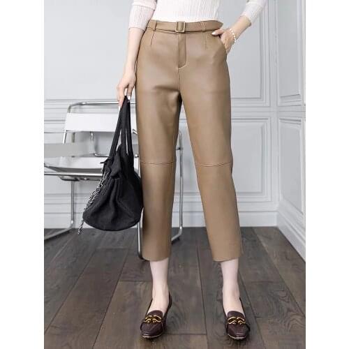 Autumn and winter new leather pants womens high waist sheepskin Korean version show thin fashion Harlan split leather pants
