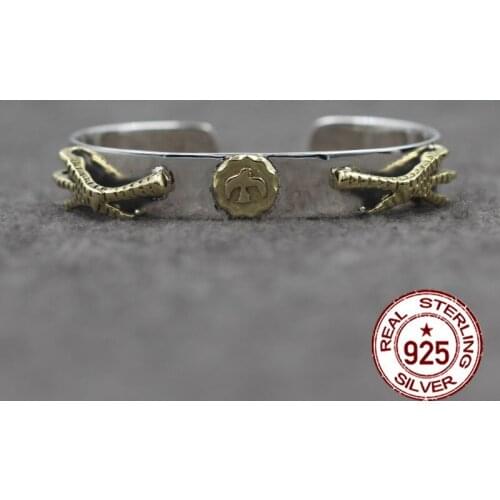 S925 Sterling Silver Open Bangle personalized retro fashion Indian Eagle claw feather style high-end carved simple bracelets