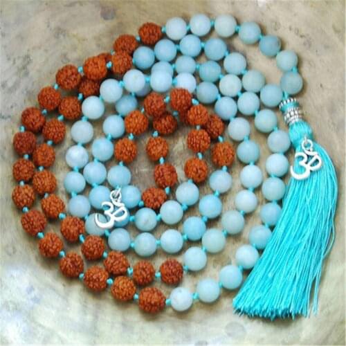 8mm Amozanite Rudraksha 108 Beads Handmade Tassel Necklace Meditation Spiritua Retro Religious Chakra Mala Buddhism Spirituality