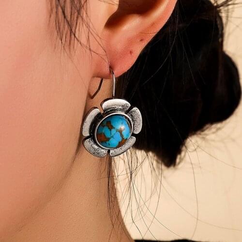 Simple Flower Turquoises Hoop Earrings Retro Geometric Ethnic Boho Dangle Earrings Female Jewelry Flower Earring for Women Gift