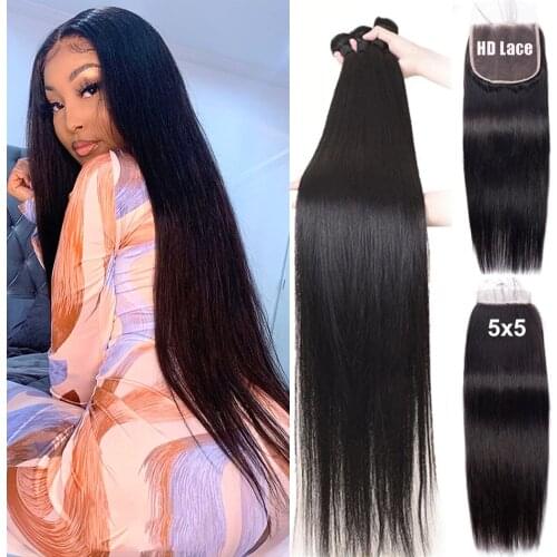 Modern Show Hair Straight Bundles With Closure 5x5 Closure With Bundles Brazilian Human Hair Bundle With Lace Closure Non-Remy