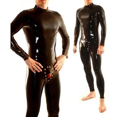 Rubber Latex Men Catsuit with Breast Zips and Removable Crotch Cover Sexy Male Bodysuit Jumpsuit S-LCM016