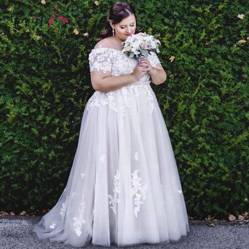 Off shoulder Plus Size Wedding Gown Appliques Embroidery Bride Dress Simple Zipper Back Bridal Dress 2020 White/Grey