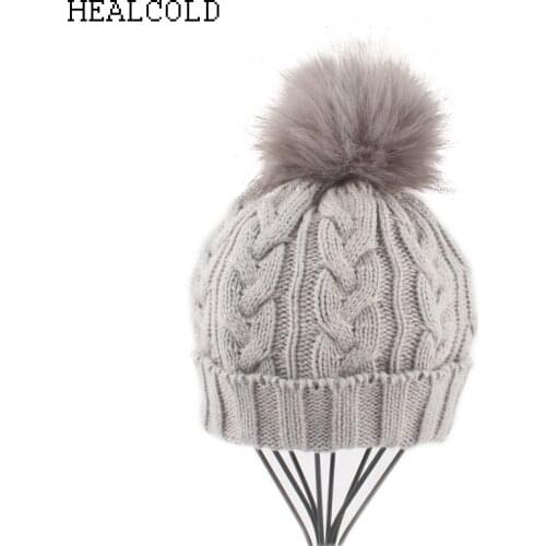 2018 New Fur Pom pom skullies beanies Kids Winter Hats Girls Boys Warm Knitted Ponytail Hat