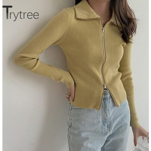 Trytree 2020 Autumn Woman Casual Sweater 4 Colors Solid Knitted Turn-down Collar Cardigan High Elasticity Lady Zipper Sweater