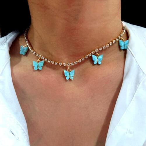 Flatfoosie Charm Crystal Butterly Pendant Necklaces for Women Korean Fashion Cuba Chain Necklaces Engagement Party Jewelry Gift