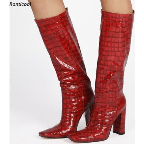 Ronticool Women Winter Knee Boots Slip On Block Heel Square Toe Black Red Yellow Brown Green Night Club Shoes Plus US Size 5-13