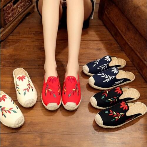 202 New Woman Flats Shoes Classic Nation Tradition Embroider Hemp Shoes Cotton Straw Loafers Fisherman Espadrilles ShoesB412
