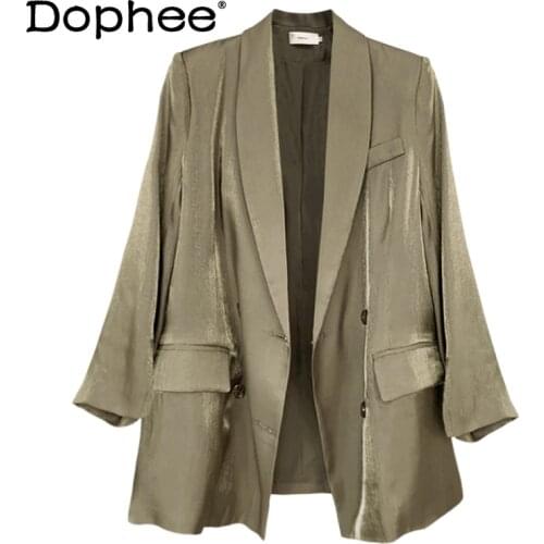 High Street Satin Suit Jacket for Women Sping and Summer Thin New Korean Style Blazer Drape Elegant Simple Double Breasted Suit