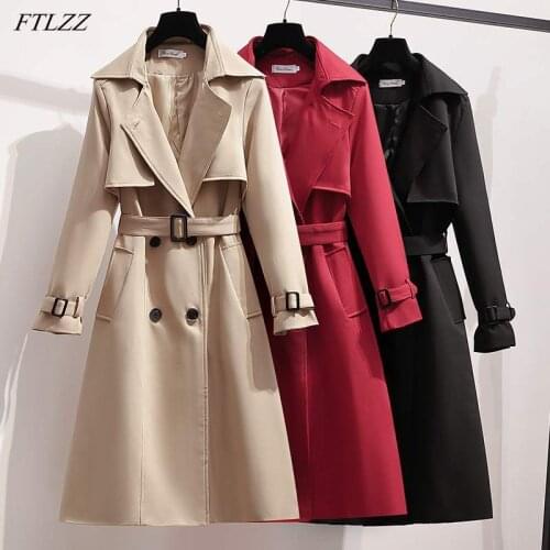 FTLZZ New Spring Autumn Women Causal Double Breasted Solid Long Trench Office Ladies Turn-down Collar Slim Trench Coat with Belt
