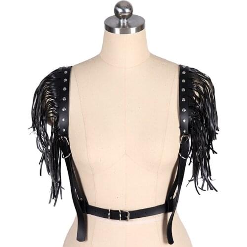 Adult Women Punk Cosplay Body Bondage Costume Leather Boho Adjustable Sexy Open Chest Harness Bra Shoulder Tassel Tops Waistband