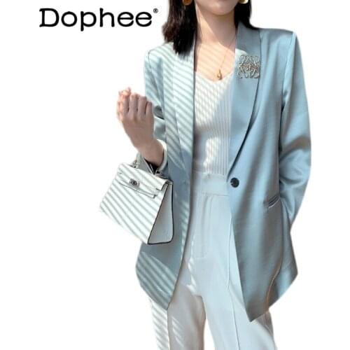 Blue Suit Jacket for Women 2021 Spring and Summer Thin Satin Blazer Loose Fashion Sunscreen Coat Elegant Simple All-match Suit