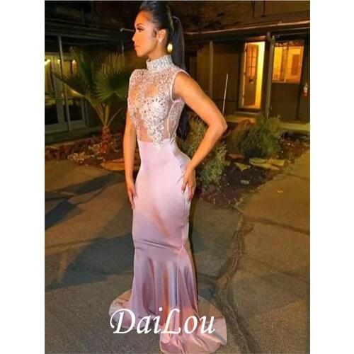 Trumpet Mermaid Floor-Length High Neck Elastic Woven Satin Beading Evening Dress 2021