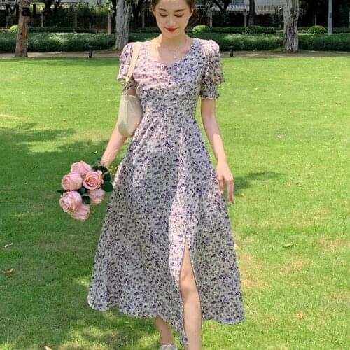Summer Elegant Floral Dress Female Casual Holiday Party Skater Dress Women Korean Vintage Sweet Short Sleeve Split Dress 2021