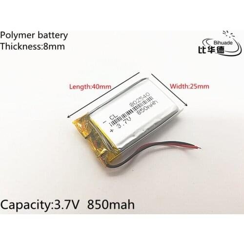3.7V,850mAH,802540 PLIB; polymer lithium ion / Li-ion battery for GPS,mp3,mp4,mp5,dvd,bluetooth,model toy mobile bluetooth
