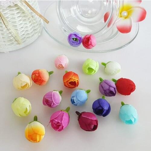 50pcs 18Colors 2CM Artificial Silk Tea Rose Flower Heads For Wedding Decoration Small Tea Bud Hairpin Wreath DIY Accessories