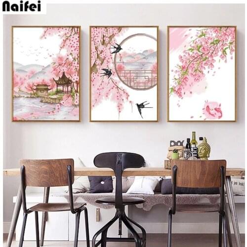 DIY 5D Living Room Bedroom Peach Scenery,Round Square Diamond Full Rhinestone Diamond Painting Cross Stitch,Needlework Wall Art